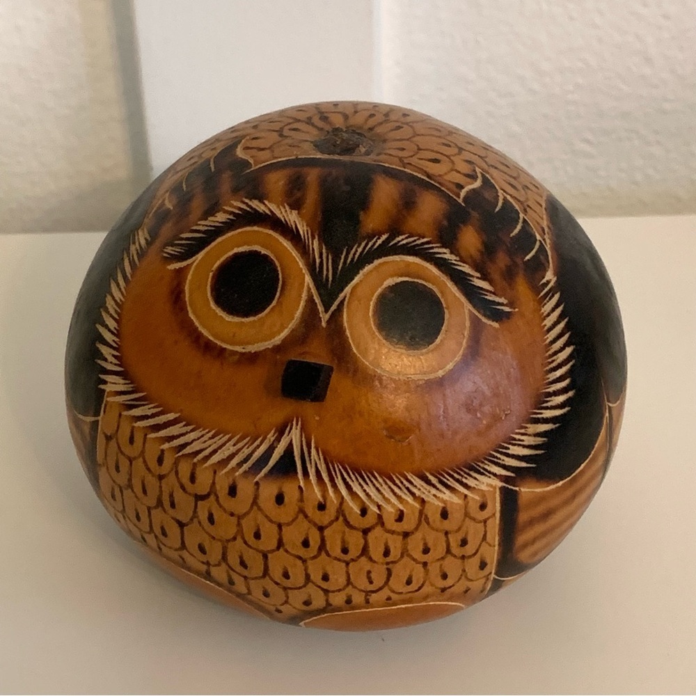 Owl Peru Carved Gourd 3" Ornament Folk Art Hand crafted Bird Round Rattle